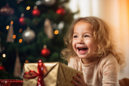A cute little girl celebrating Christmas opening gifts from santaの素材
