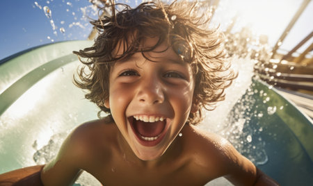 Close up pov shot of a young boy having fun playing on a waterslide in the summerの素材