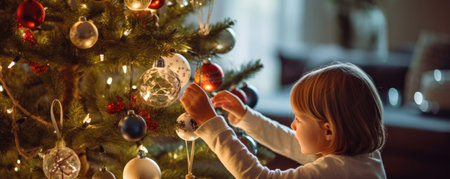 A happy girl decorating a large festive christmas tree with bauble decorationsの素材