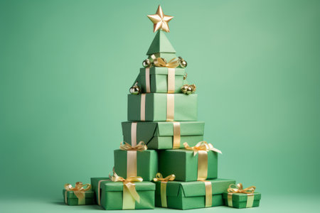 Green christmas presents and gifts stacked into a festive christmas tree shapeの素材