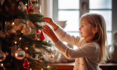 A young girl helps to decorate a christmas tree with festive decorationsの素材