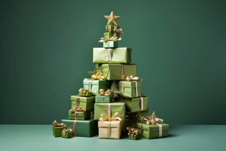 Green christmas presents and gifts stacked into a festive christmas tree shapeの素材