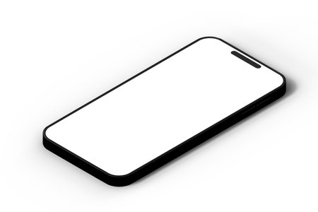 Studio shot of a modern smartphone with a blank white screen. Isolated against a white background. 3D Renderingの写真素材