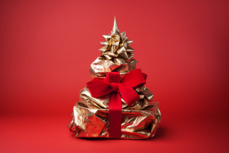 A christmas tree wrapped up in paper and a bow. Christmas presentsの素材