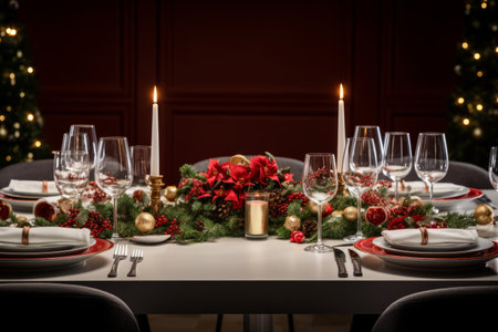 festive christmas dinner setting. Seasonal holiday dining background.の素材