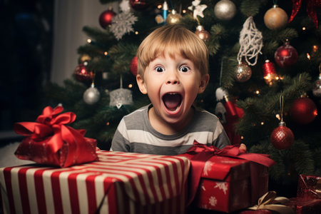 An excited child opening presents on Christmas dayの素材