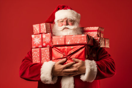 A jolly Father Christmas holding a stack of christmas presents. Studio shot against a red backgroundの素材