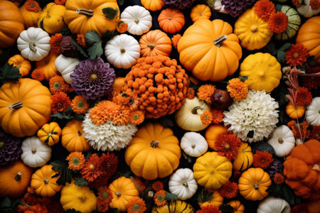 Beautiful autumn background with pumpkins and flowersの素材