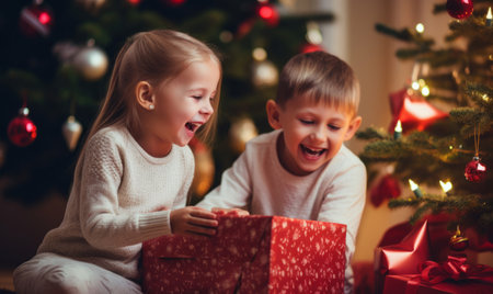 A brother and sister are excited opening presents on Christmas dayの素材