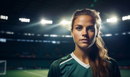 Portrait of a female football player in a soccer stadium with floodlightsの素材