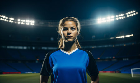 Portrait of a female football player in a soccer stadium with floodlightsの素材