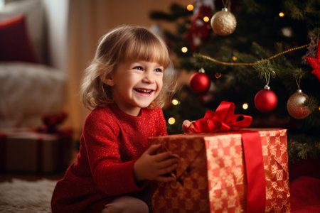A happy young child opening christmas presents on Christmas day in front of a decorated treeの素材