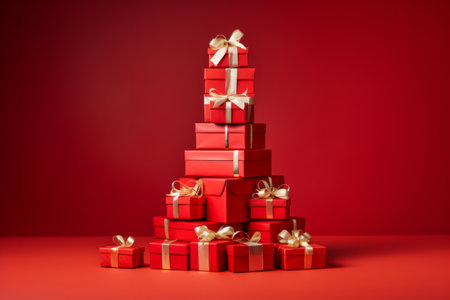 A pile of red wrapped presents in the shape of a Christmas treeの素材