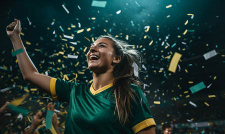 Portrait of a happy female football sport player celebrating winning with confetti fallingの素材