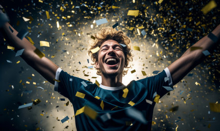 Portrait of a happy male football sport player celebrating winning with confetti fallingの素材