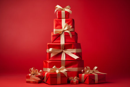 A pile of red wrapped presents in the shape of a Christmas treeの素材