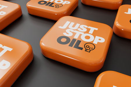 LONDON, UK - July 2023: Just stop oil environmental protest activist logo. 3D Rendering