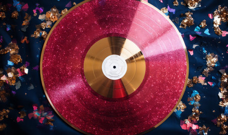 Vintage vinyl music record surrounded by colorful confettiの素材