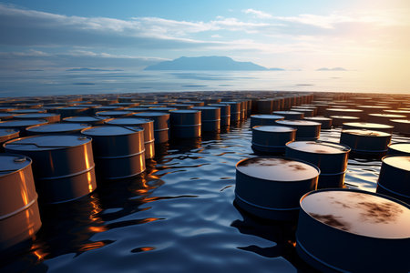 Oil barrels floating in a sea of black crude oil. environment conceptの素材