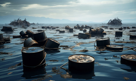 Oil barrels floating in a sea of black crude oil. environment conceptの素材