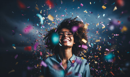Portrait of a young woman celebrating with brightly coloured falling confettiの素材