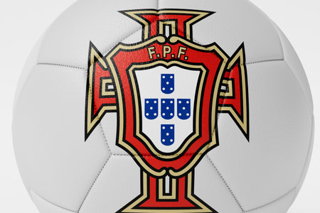 LONDON, UK - July 2023: Portugal national football team logo badge on a soccer ball. 3D Renderingのeditorial素材