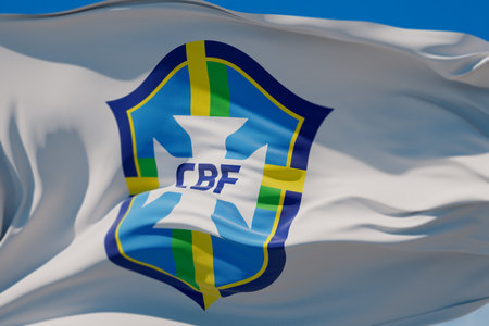 LONDON, UK - July 2023: Brazil national football team logo badge on a flying flag. 3D Renderingのeditorial素材