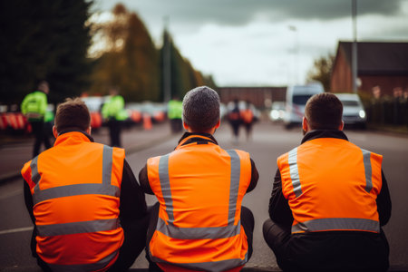 Climate change protest activists wearing hi vis jacket sit on a road and block trafficの素材