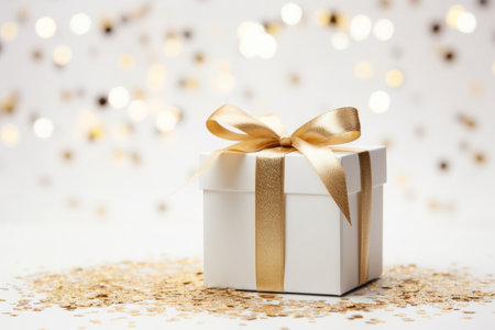A luxury white gift box present wrapped with gold ribbon and golden glitterの素材