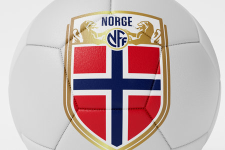 LONDON, UK - July 2023: Norway national football team logo badge on a soccer ball. 3D Renderingのeditorial素材