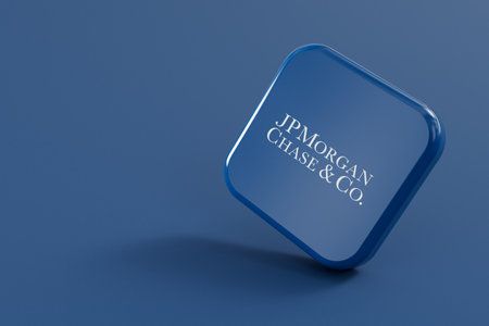LONDON, UK - July 2023: JP Morgan Chase bank company logo. 3D Renderingのeditorial素材