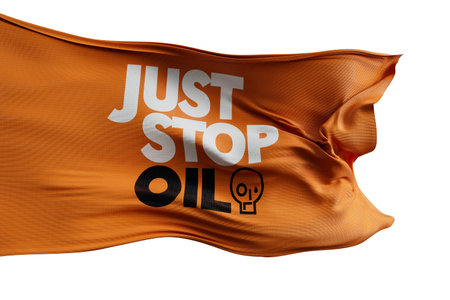 LONDON, UK - July 2023: Just stop oil environmental protest activist logo on a flag. 3D Renderingのeditorial素材