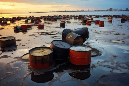 Oil barrels floating in a sea of black crude oil. environment conceptの素材