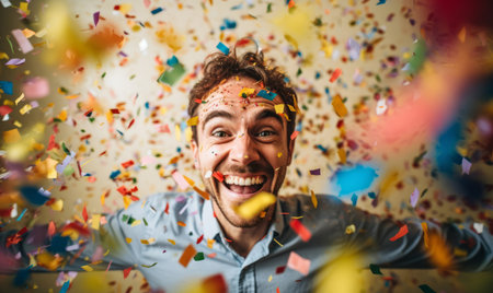 Portrait of a man celebrating with brightly colored falling confettiの素材