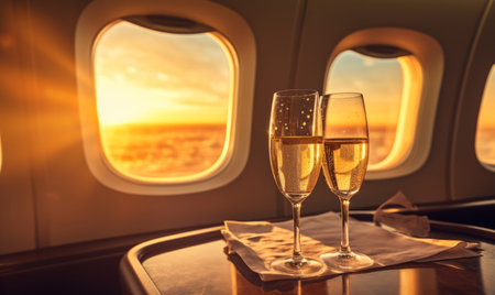 Luxury interior of a private jet or first class flight with two glasses of champagneの素材
