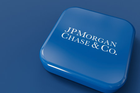 LONDON, UK - July 2023: JP Morgan Chase bank company logo. 3D Renderingのeditorial素材