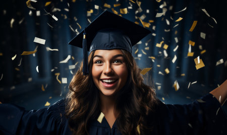 Portrait of a female graduate celebrating with falling confettiの素材