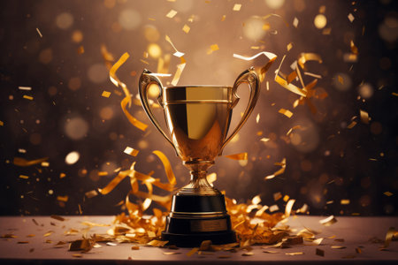 Gold first place winners trophy with falling confetti and streamersの素材