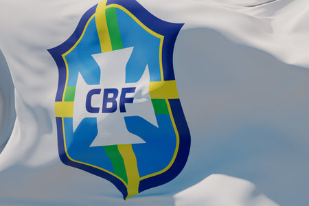 LONDON, UK - July 2023: Brazil national football team logo badge on a flying flag. 3D Renderingのeditorial素材
