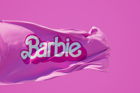 LONDON, UK - July 2023: Barbie doll logo on a flag. Barbie is a fashion doll made by Mattel. 3D Renderingのeditorial素材