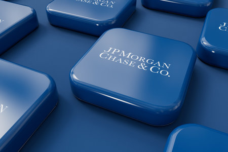 LONDON, UK - July 2023: JP Morgan Chase bank company logo. 3D Renderingのeditorial素材