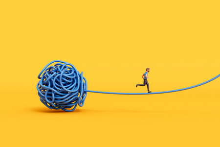 A man stood on a tangled ball of string. Overcoming stress and mental health. 3D Renderingの写真素材