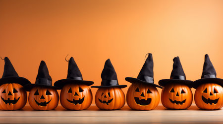Cute halloween pumpkins in a row wearing black witches hats shot against an orange backgroundの素材