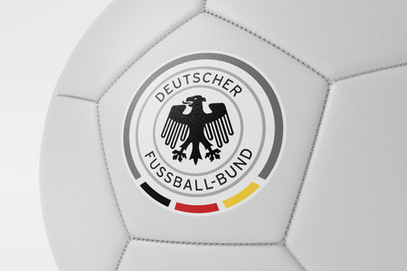LONDON, UK - July 2023: Close up of Germany national football team logo on a soccer ball. 3D Renderingのeditorial素材
