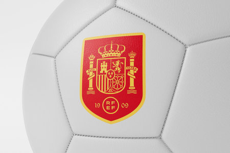 LONDON, UK - July 2023: Close up of Spain national football team logo on a soccer ball. 3D Renderingのeditorial素材