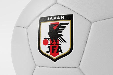 LONDON, UK - July 2023: Close up of Japan national football team logo on a soccer ball. 3D Renderingのeditorial素材