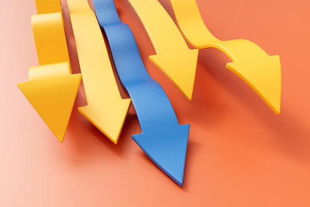 Arrows moving in the same direction with one standing out. Business strategy and leadership. 3D Renderingの写真素材