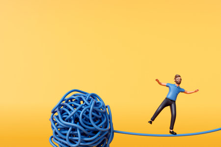 A man stood on a tangled ball of string. Overcoming stress and mental health. 3D Renderingの写真素材