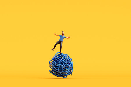 A man stood on a tangled ball of string. Overcoming stress and mental health. 3D Renderingの写真素材