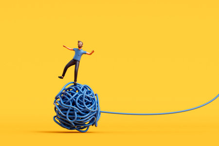 A man stood on a tangled ball of string. Overcoming stress and mental health. 3D Renderingの写真素材